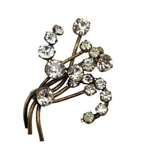 Vintage Clear Rhinestone Brooch Modernist Abstract Bouquet Pin MCM Jewelry